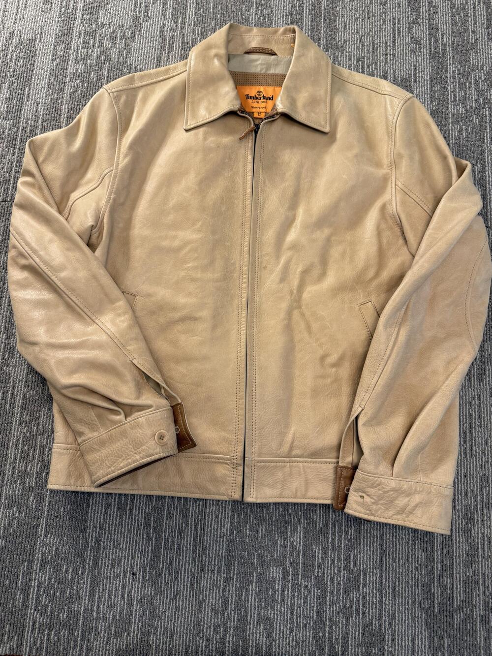 Timberland Limited Jacket Mens Medium Tan Leather Waterproof Zip Up Buckle Tabs